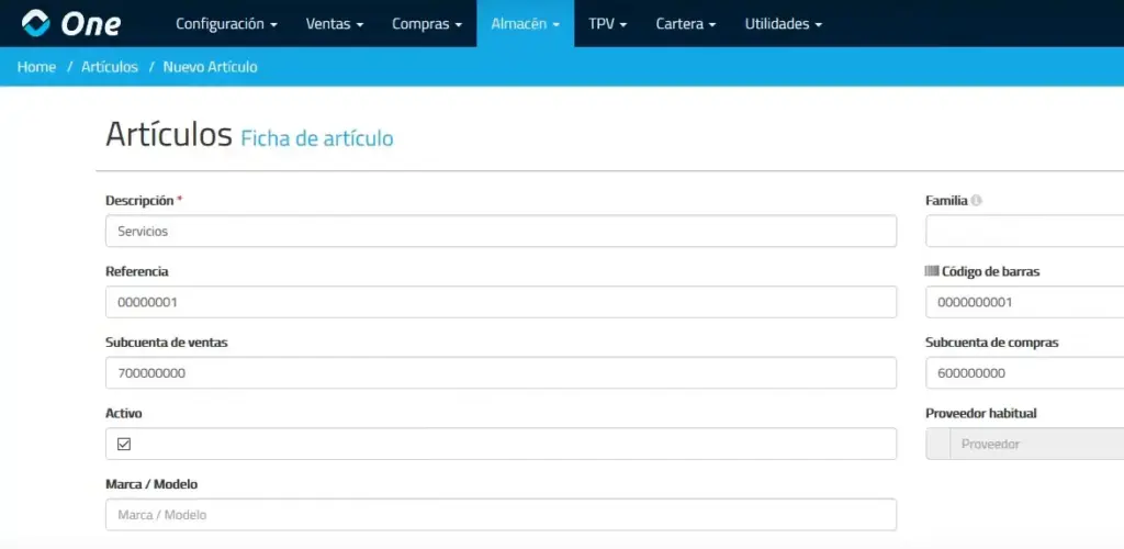 Captura de pantalla del ERP AHORA ONE